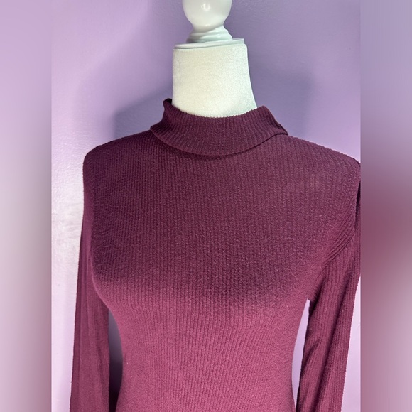 Express Burgandy Ribbed Ruffle Long Sleeve High Neck Dress, Size S - Picture 3 of 9